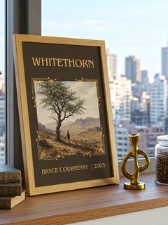 Whitethorn Classic Book Art Print by Bryce Courtenay – framed print on a city-view windowsill