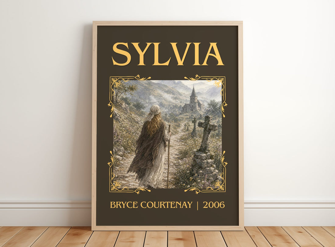 Sylvia Classic Book Art Print by Bryce Courtenay – framed print leaning on a wooden floor
