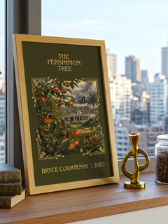 The Persimmon Tree Classic Book Art Print by Bryce Courtenay – framed print on a city-view windowsill