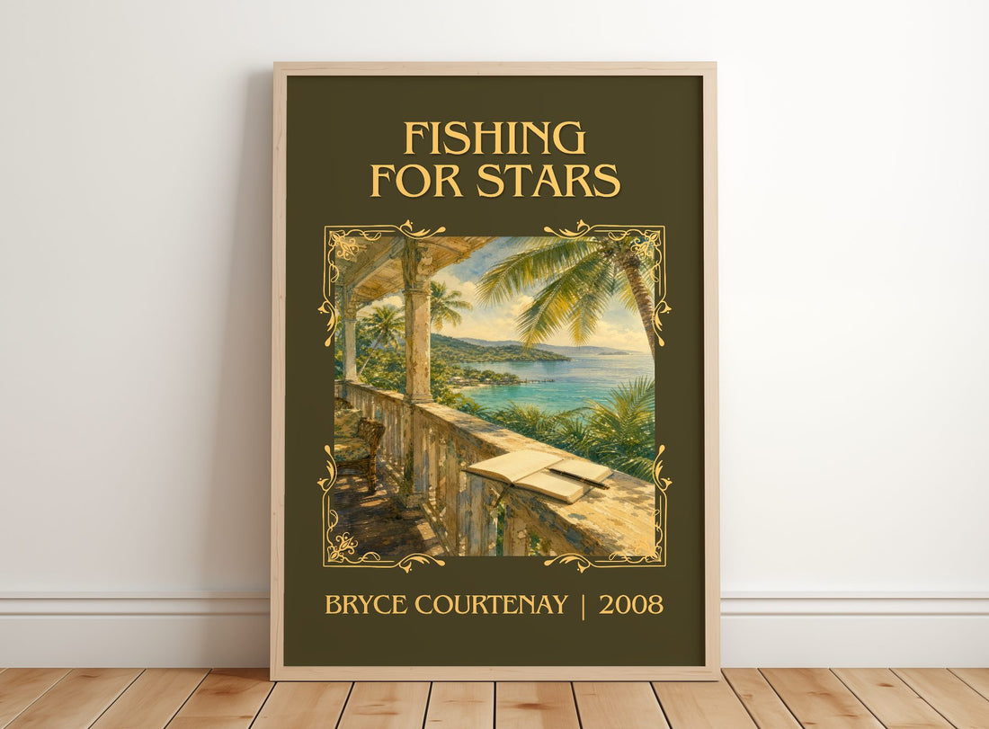 Fishing For Stars Classic Book Art Print by Bryce Courtenay – framed print leaning on a wooden floor