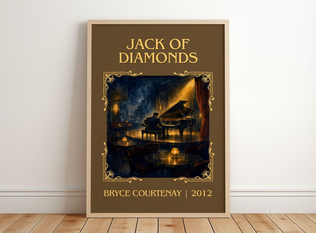 Jack Of Diamonds Classic Book Art Print by Bryce Courtenay – framed print leaning on a wooden floor