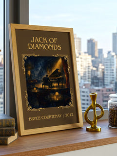 Jack Of Diamonds Classic Book Art Print by Bryce Courtenay – framed print on a city-view windowsill