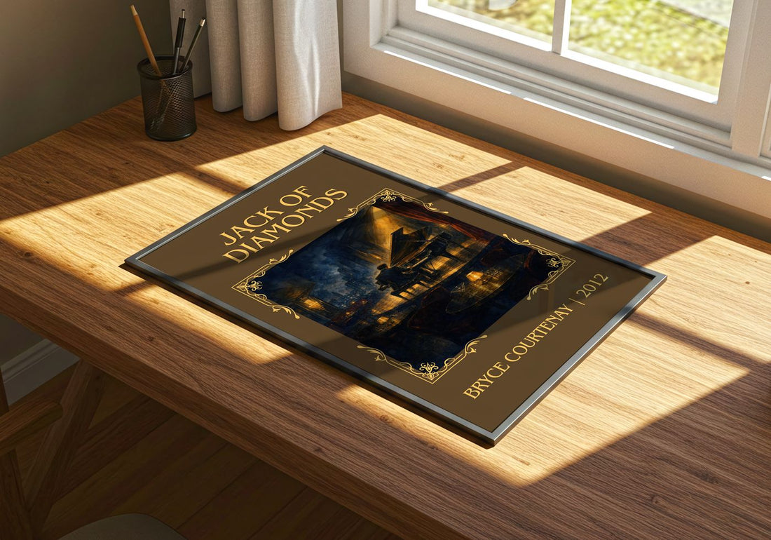 Jack Of Diamonds Classic Book Art Print by Bryce Courtenay – print on a sunlit desk