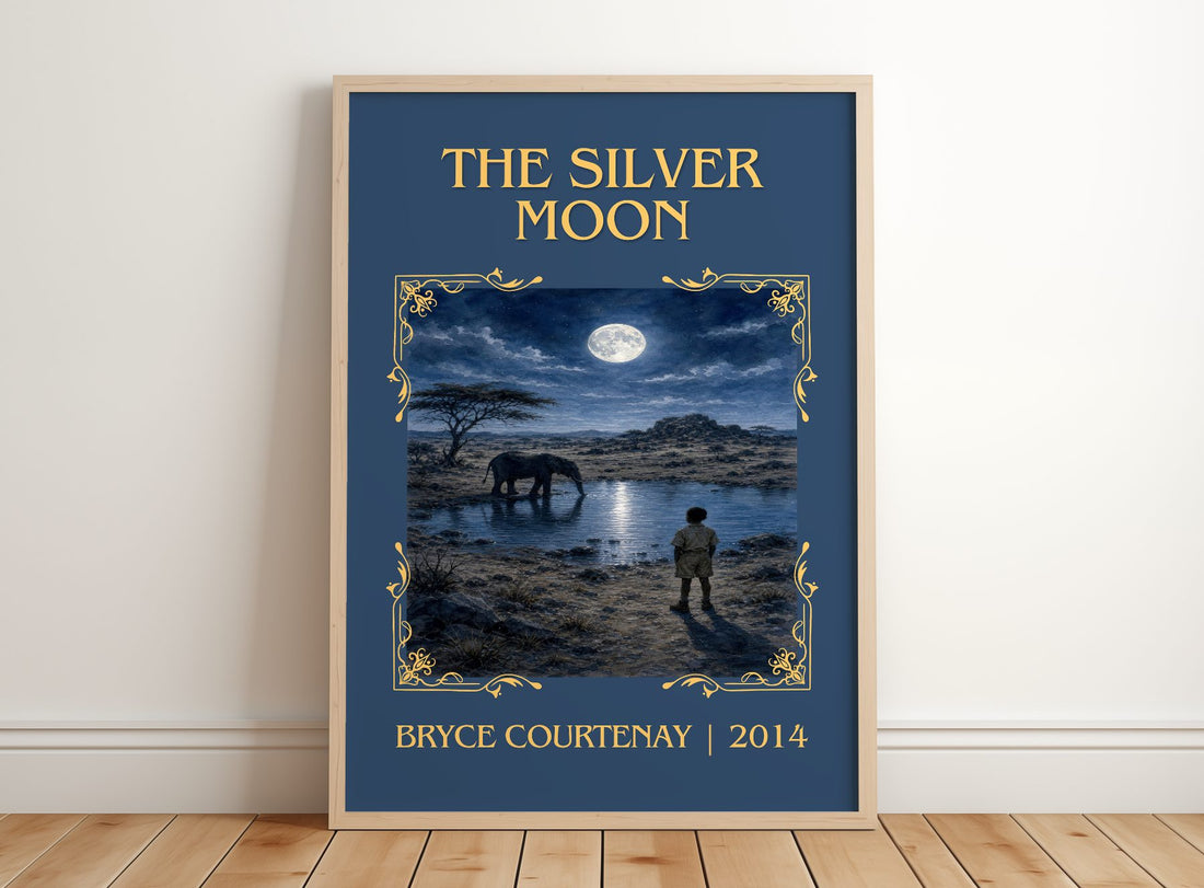 The Silver Moon Classic Book Art Print by Bryce Courtenay – framed print leaning on a wooden floor