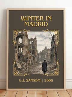Winter In Madrid Classic Book Art Print by C.J. Sansom – framed print leaning on a wooden floor