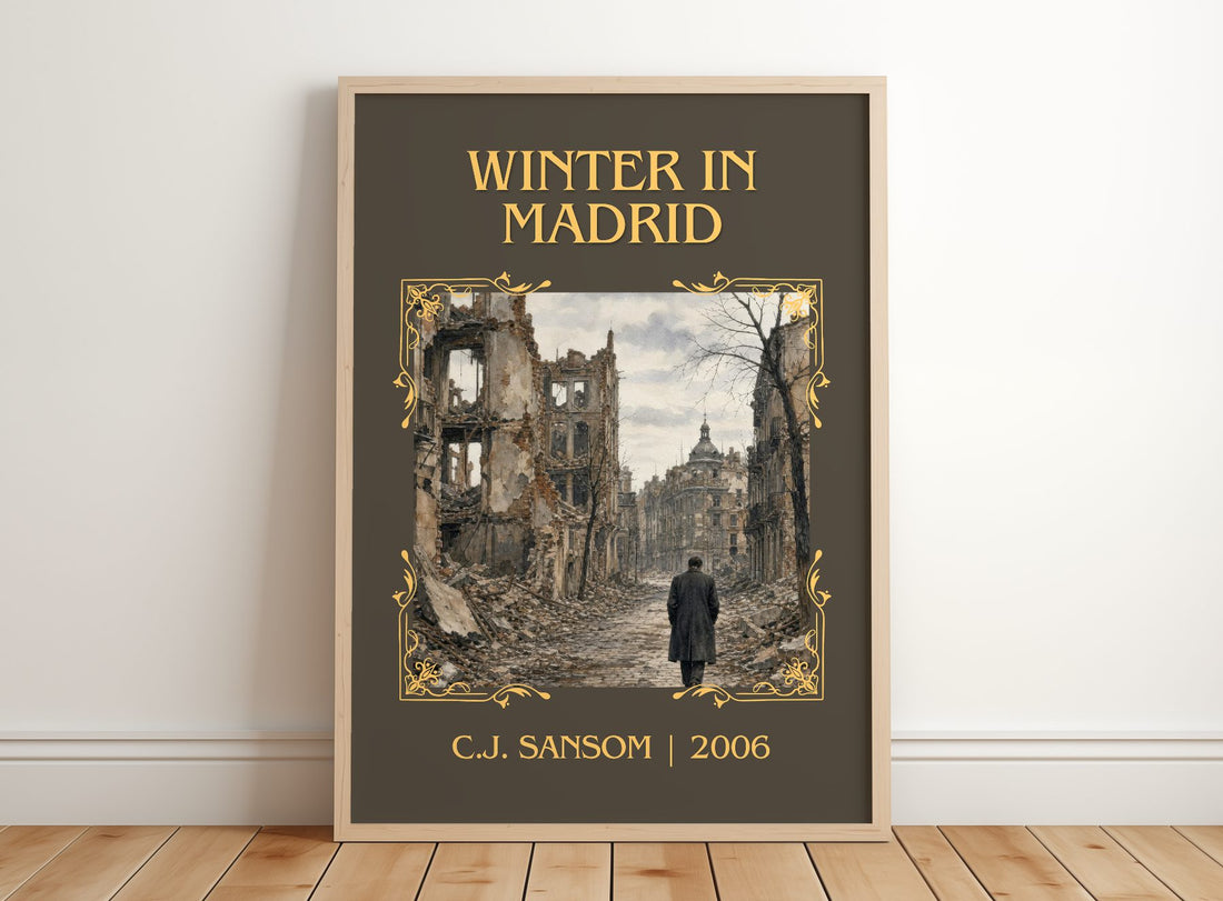 Winter In Madrid Classic Book Art Print by C.J. Sansom – framed print leaning on a wooden floor