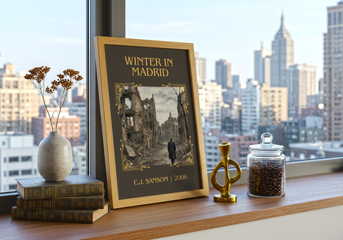 Winter In Madrid Classic Book Art Print by C.J. Sansom – framed print on a city-view windowsill