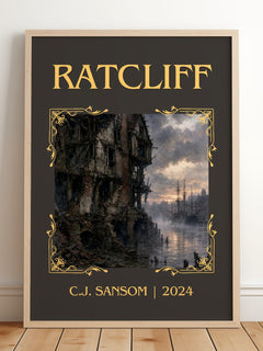 Ratcliff Classic Book Art Print by C.J. Sansom – framed print leaning on a wooden floor