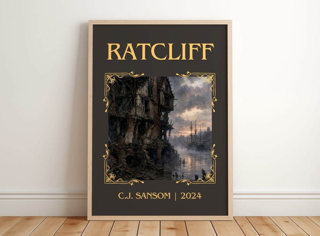 Ratcliff Classic Book Art Print by C.J. Sansom – framed print leaning on a wooden floor