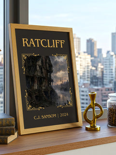 Ratcliff Classic Book Art Print by C.J. Sansom – framed print on a city-view windowsill