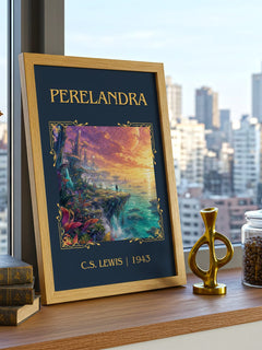 Perelandra Classic Book Art Print by C.S. Lewis – framed print on a city-view windowsill