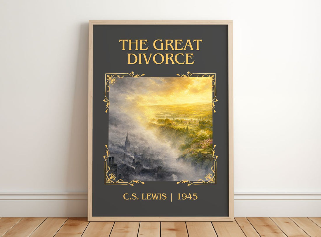 The Great Divorce Classic Book Art Print by C.S. Lewis – framed print leaning on a wooden floor