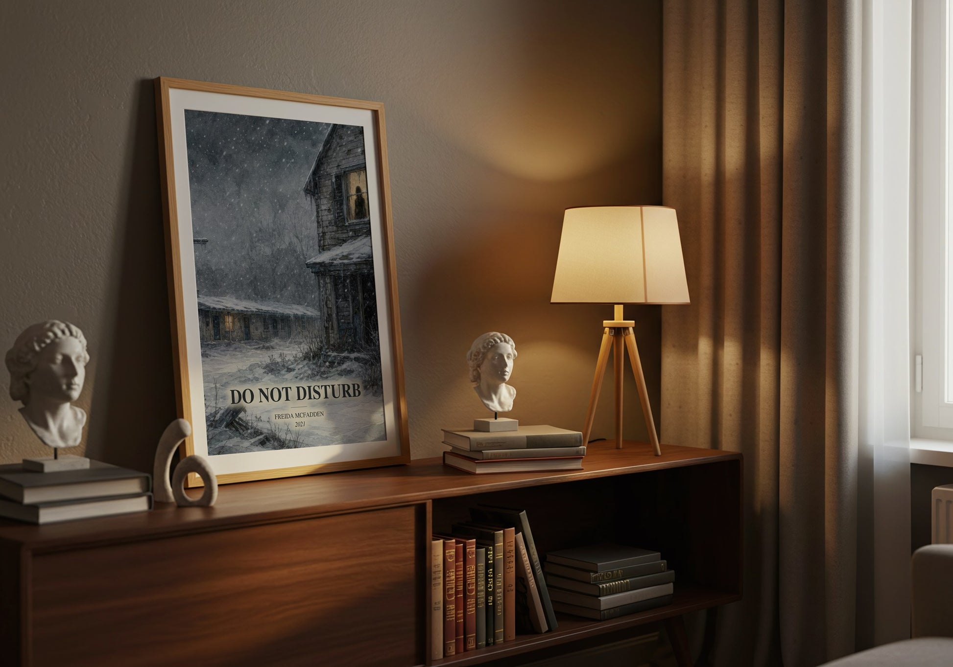 Do Not Disturb watercolour print on bookshelf – Freida Mcfadden fan gift