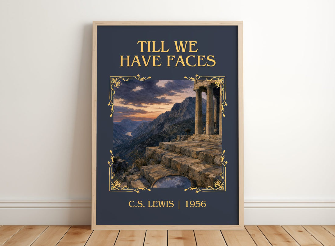 Till We Have Faces Classic Book Art Print by C.S. Lewis – framed print leaning on a wooden floor