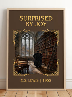 Surprised By Joy Classic Book Art Print by C.S. Lewis – framed print leaning on a wooden floor