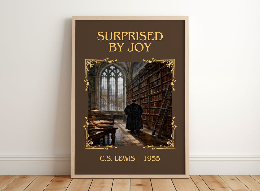 Surprised By Joy Classic Book Art Print by C.S. Lewis – framed print leaning on a wooden floor
