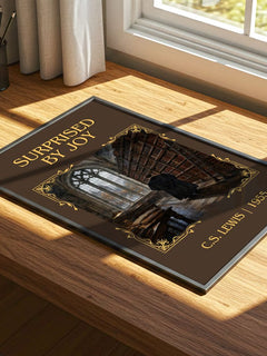Surprised By Joy Classic Book Art Print by C.S. Lewis – print on a sunlit desk