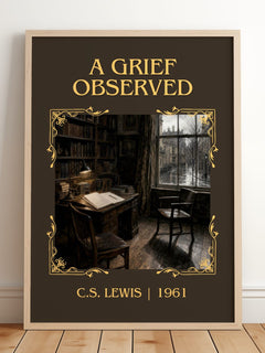 A Grief Observed Classic Book Art Print by C.S. Lewis – framed print leaning on a wooden floor