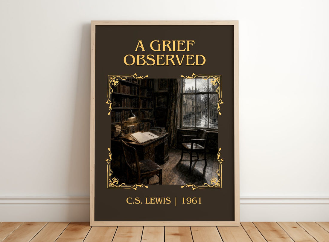 A Grief Observed Classic Book Art Print by C.S. Lewis – framed print leaning on a wooden floor