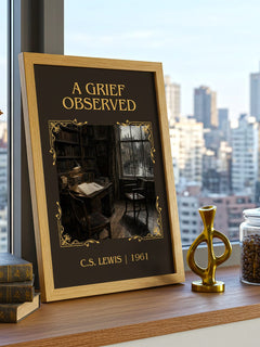 A Grief Observed Classic Book Art Print by C.S. Lewis – framed print on a city-view windowsill