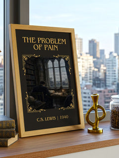 The Problem Of Pain Classic Book Art Print by C.S. Lewis – framed print on a city-view windowsill