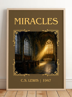 Miracles Classic Book Art Print by C.S. Lewis – framed print leaning on a wooden floor