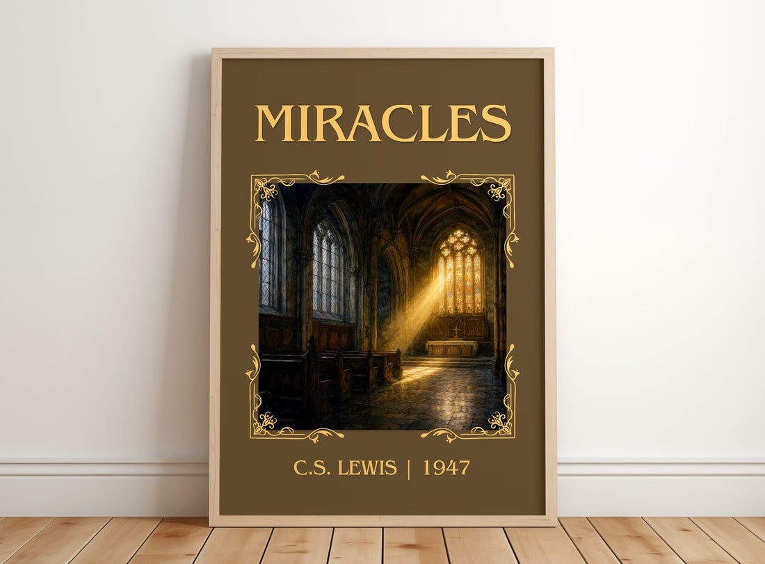 Miracles Classic Book Art Print by C.S. Lewis – framed print leaning on a wooden floor
