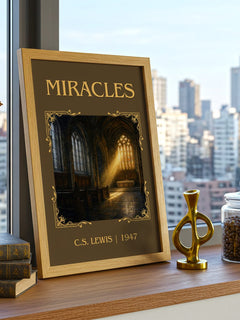 Miracles Classic Book Art Print by C.S. Lewis – framed print on a city-view windowsill