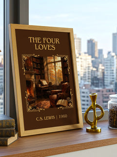 The Four Loves Classic Book Art Print by C.S. Lewis – framed print on a city-view windowsill