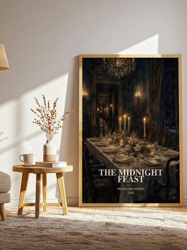 The Midnight Feast watercolour print in frame leaning in hallway – thriller wall art