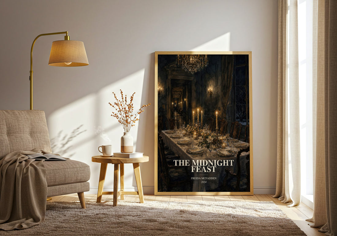 The Midnight Feast watercolour print in frame leaning in hallway – thriller wall art (mockup)