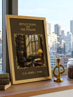 Reflections On The Psalms Classic Book Art Print by C.S. Lewis – framed print on a city-view windowsill