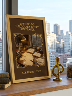 Letters To Malcolm: Chiefly On Prayer Classic Book Art Print – framed print on a city-view windowsill