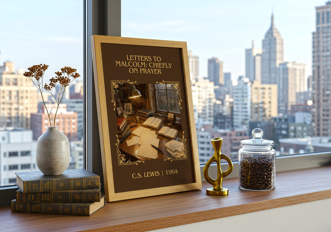 Letters To Malcolm: Chiefly On Prayer Classic Book Art Print – framed print on a city-view windowsill