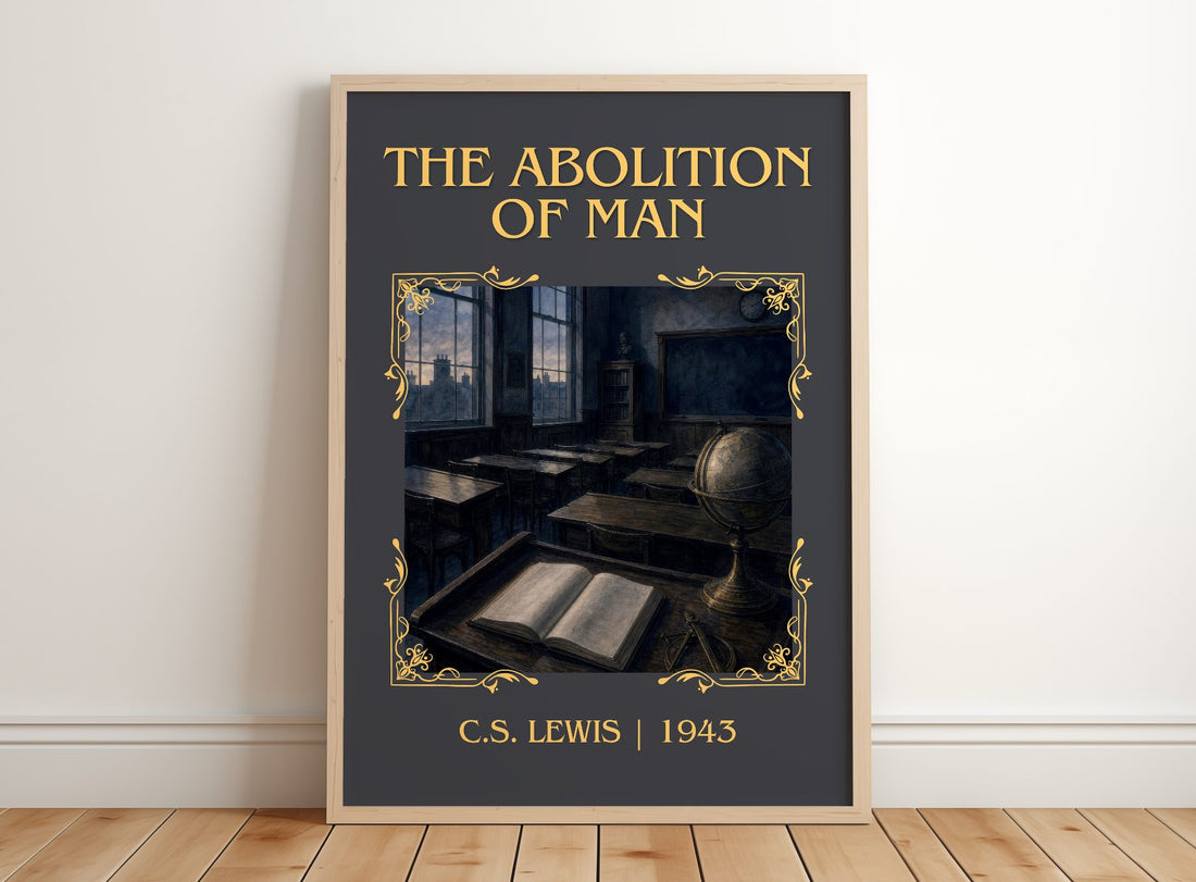 The Abolition Of Man Classic Book Art Print by C.S. Lewis – framed print leaning on a wooden floor