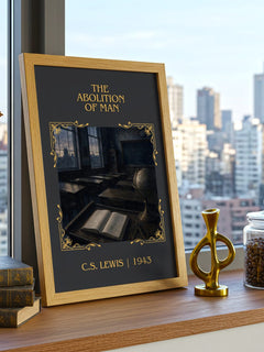 The Abolition Of Man Classic Book Art Print by C.S. Lewis – framed print on a city-view windowsill
