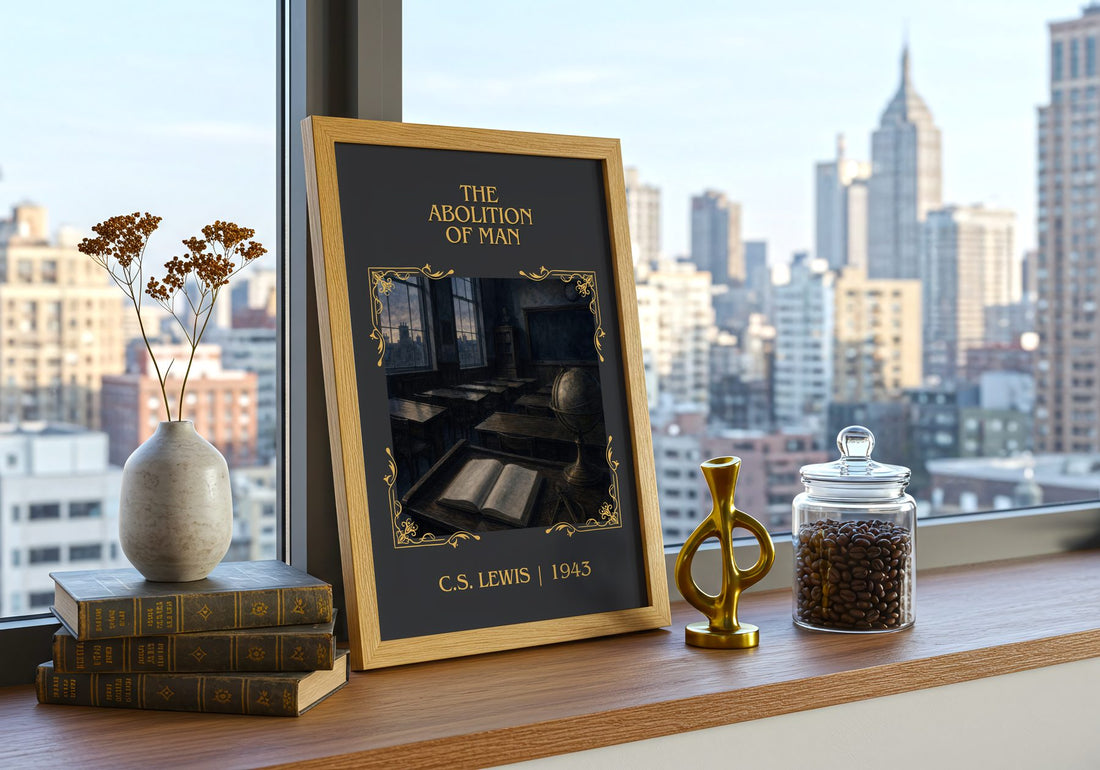 The Abolition Of Man Classic Book Art Print by C.S. Lewis – framed print on a city-view windowsill