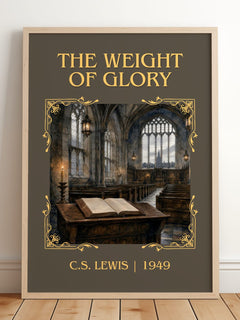 The Weight Of Glory Classic Book Art Print by C.S. Lewis – framed print leaning on a wooden floor