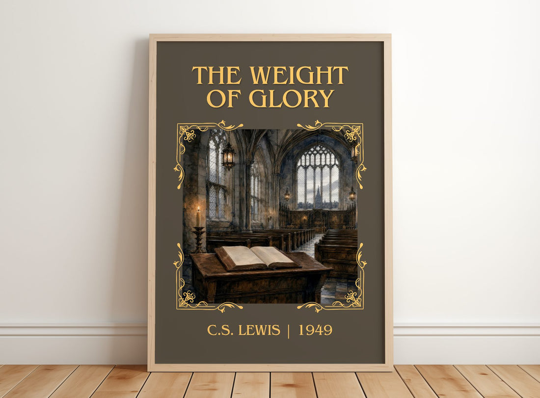 The Weight Of Glory Classic Book Art Print by C.S. Lewis – framed print leaning on a wooden floor