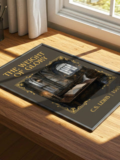 The Weight Of Glory Classic Book Art Print by C.S. Lewis – print on a sunlit desk