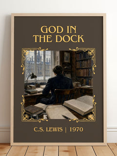 God In The Dock Classic Book Art Print by C.S. Lewis – framed print leaning on a wooden floor