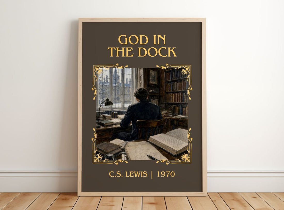 God In The Dock Classic Book Art Print by C.S. Lewis – framed print leaning on a wooden floor