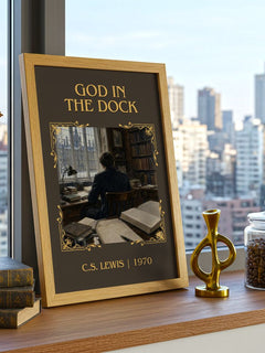 God In The Dock Classic Book Art Print by C.S. Lewis – framed print on a city-view windowsill