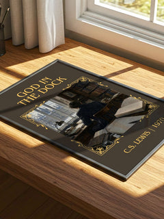 God In The Dock Classic Book Art Print by C.S. Lewis – print on a sunlit desk