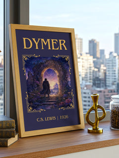 Dymer Classic Book Art Print by C.S. Lewis – framed print on a city-view windowsill