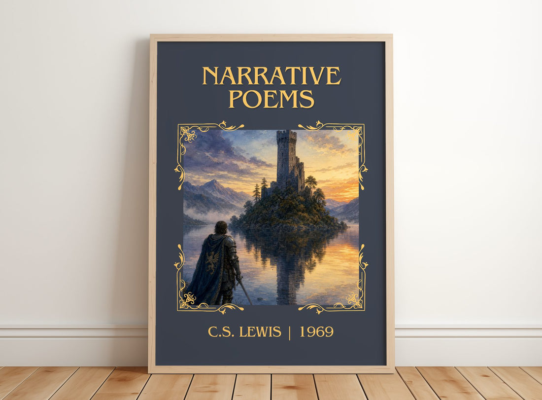 Narrative Poems Classic Book Art Print by C.S. Lewis – framed print leaning on a wooden floor