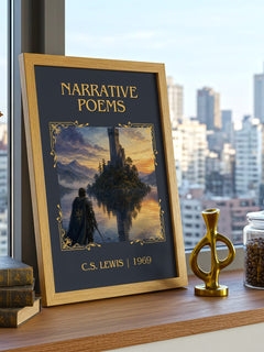 Narrative Poems Classic Book Art Print by C.S. Lewis – framed print on a city-view windowsill