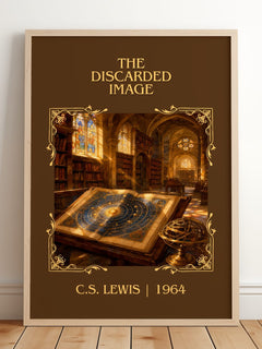 The Discarded Image Classic Book Art Print by C.S. Lewis – framed print leaning on a wooden floor