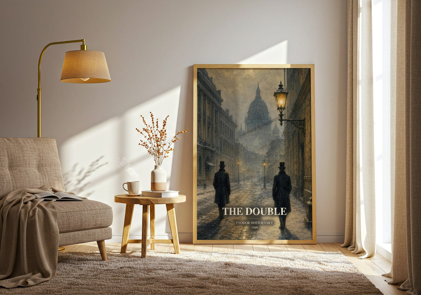 The Double watercolour print in frame leaning in hallway – classic literature wall art