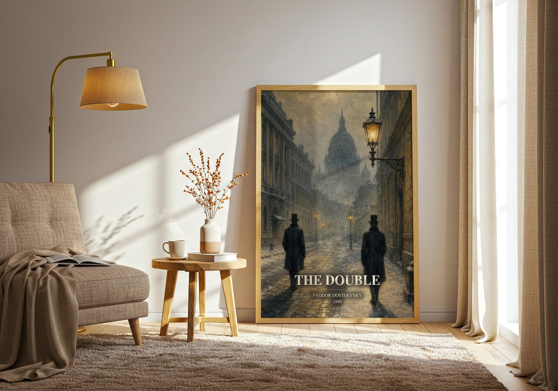The Double watercolour print in frame leaning in hallway – classic literature wall art